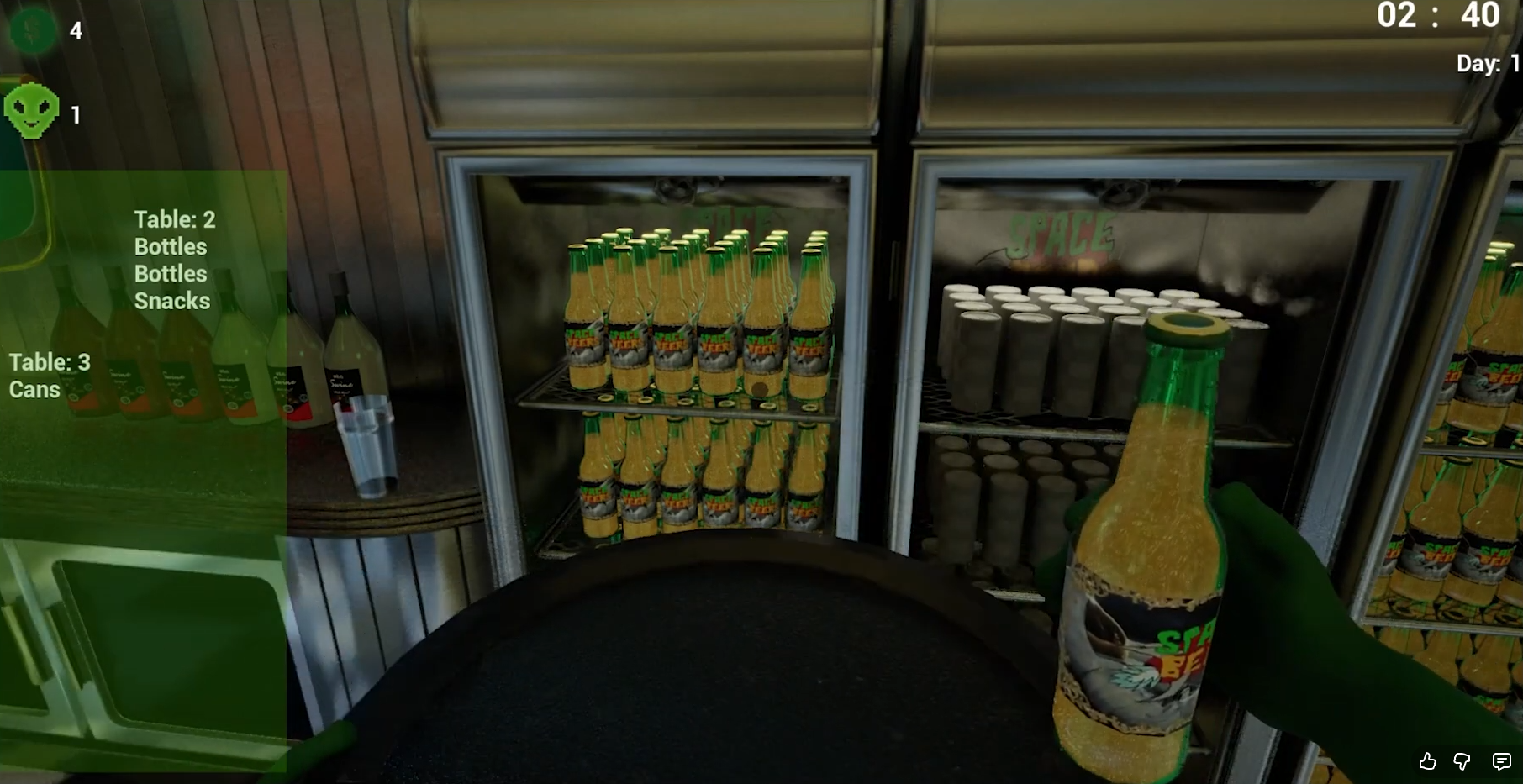 Grabbing a beer from a filled fridge to put on the tray